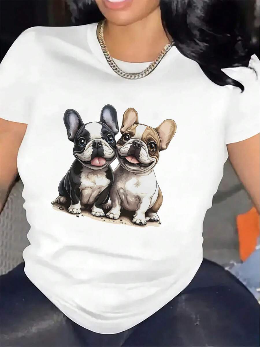 OversizeCamiseta ajustada con estampado de Bulldog Francés | Duradero, de ajuste cómodo, estilo casual, adecuado para uso diario, ligero y transpirable, un regalo perfecto para amantes de los perros, cuello redondo, tela de elasticidad media, encantador. - Blanco - Ver 1