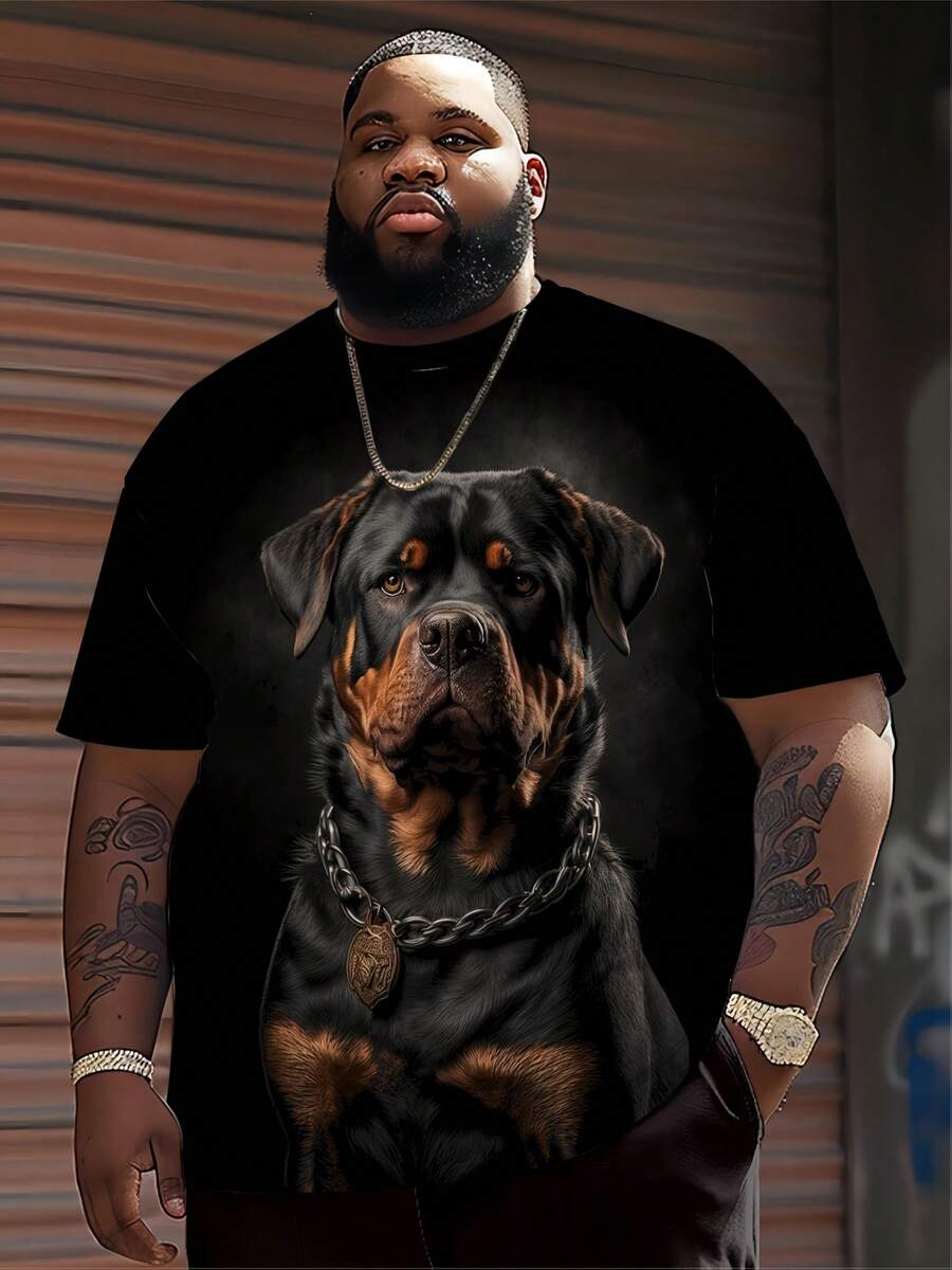 Camiseta de talla grande para hombre con estampado de perro Rottweiler, cuello redondo elegante, 100% fibra de poliéster, ropa masculina imponente, TALLA PLUS - Negro - Ver 1