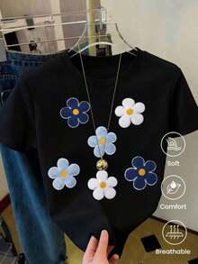 Camiseta de manga corta estampada para mujer. Perfecto para citas, desplazamientos diarios y salidas informales. Diseño clásico minimalista de cuello redondo, fácil de combinar y se adapta a todo tipo de cuerpos. - Negro - Ver 7