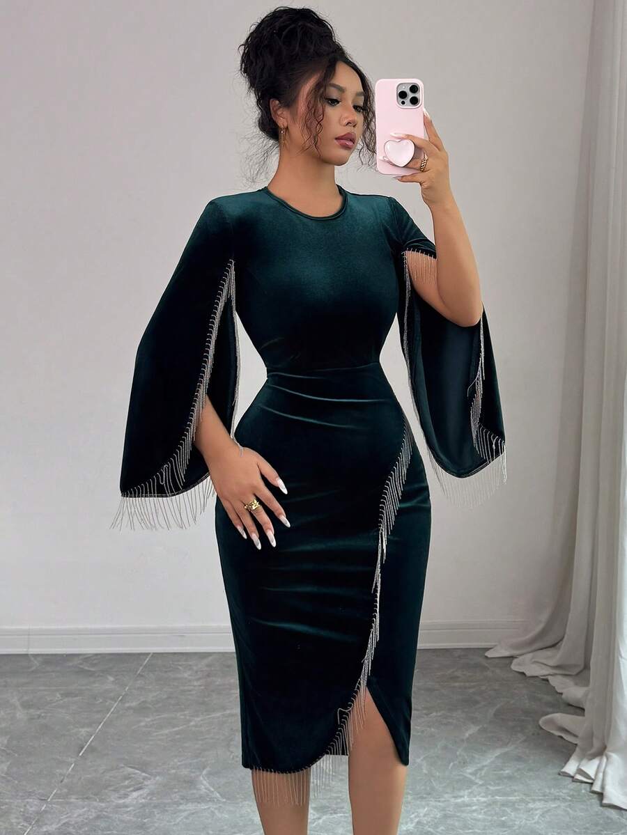 LUNNELUX Women Fall Velvet Midi Dress, Round Neck Split Flared Sleeve With Silver Fringe, Christmas Party Evening Gown - Dark Green - View 1