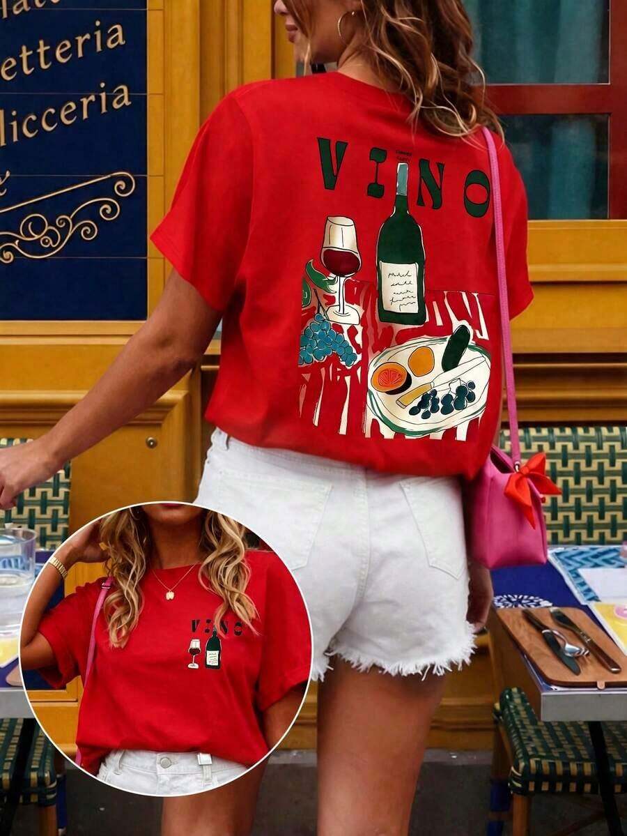 1pscDrmWander Camiseta de Manga Corta con Cuello Redondo y Estampado de Dibujos Animados, Talla Grande, Versátil para Uso Diario, 100% Algodón - Rojo - Ver 1