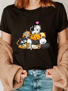 2026 Cat Print T-Shirt, Round Neck, Short Sleeve, Casual, Spring/Summer, Women's Clothing - 黑色 - 查看 1
