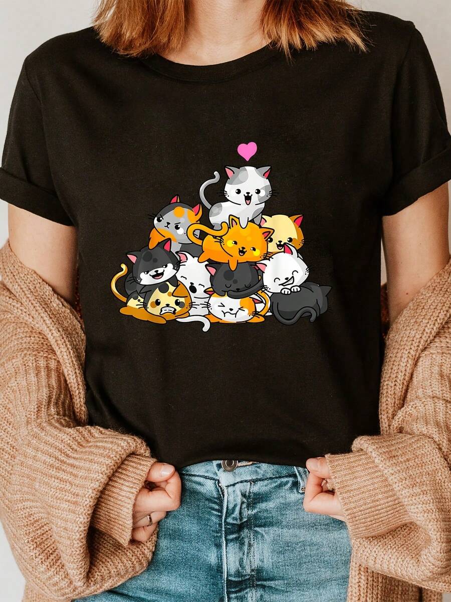 2026 Cat Print T-Shirt, Round Neck, Short Sleeve, Casual, Spring/Summer, Women's Clothing - 黑色 - 查看 1