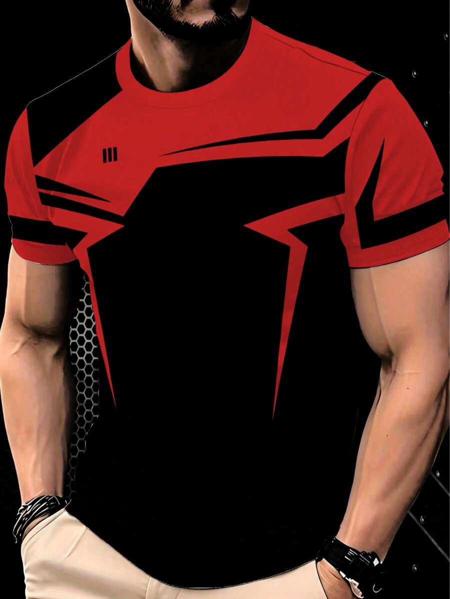 Men's Contrast Color Geometric Pattern Short Sleeve T-Shirt - Red - View 1