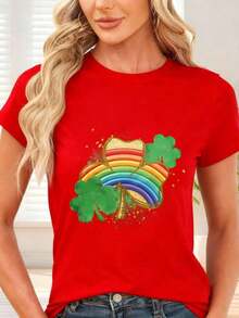 Gift Black Short Sleeve T-Shirt With Rainbow, Shamrock And St. Patrick's Treasure Print - Ideal For St. Patrick's Day Parties And Casual Occasions. Suitable For Everyday, Casual Situations And Versatile To Combine. Soft - 紅色的 - 查看 7