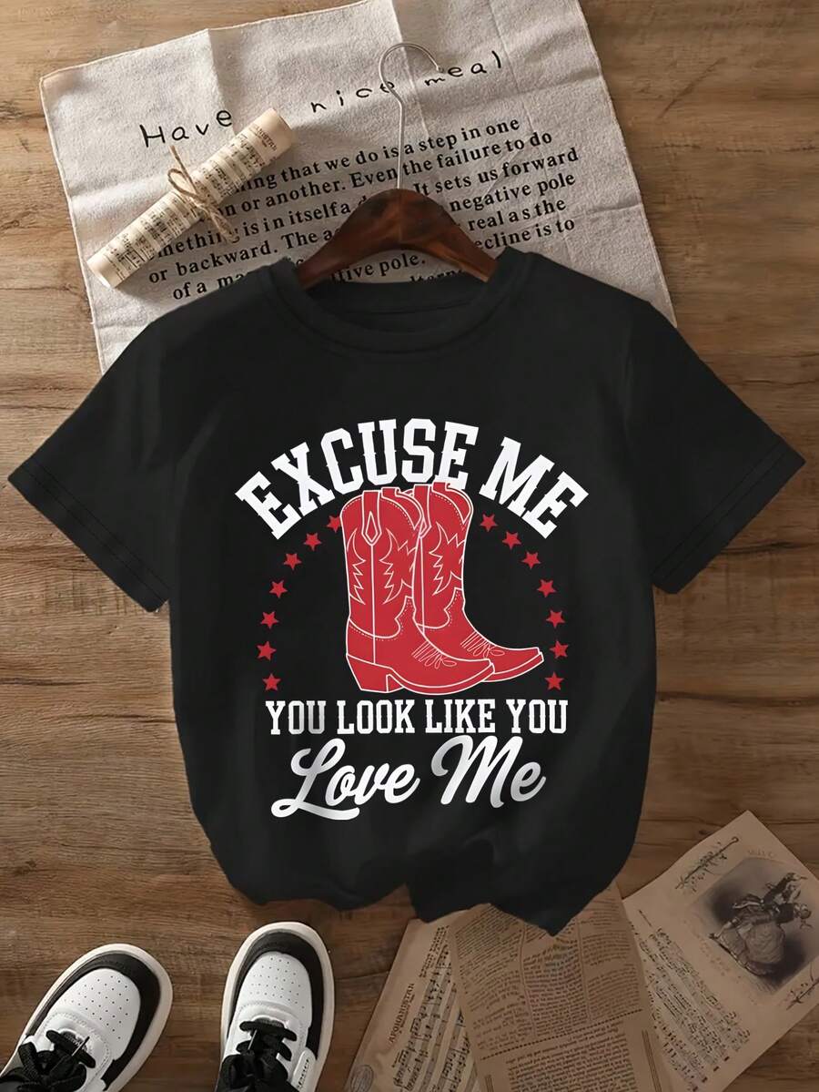 Women's Graphic T-Shirt With Red Cowboy Boot Print - "Sorry, You Look Like You Love Me" Print, Short Sleeve, Crew Neck, Casual Summer Top For Women | Funny Print Top | Y2k Construction T-Shirt - 白色 - 查看 1
