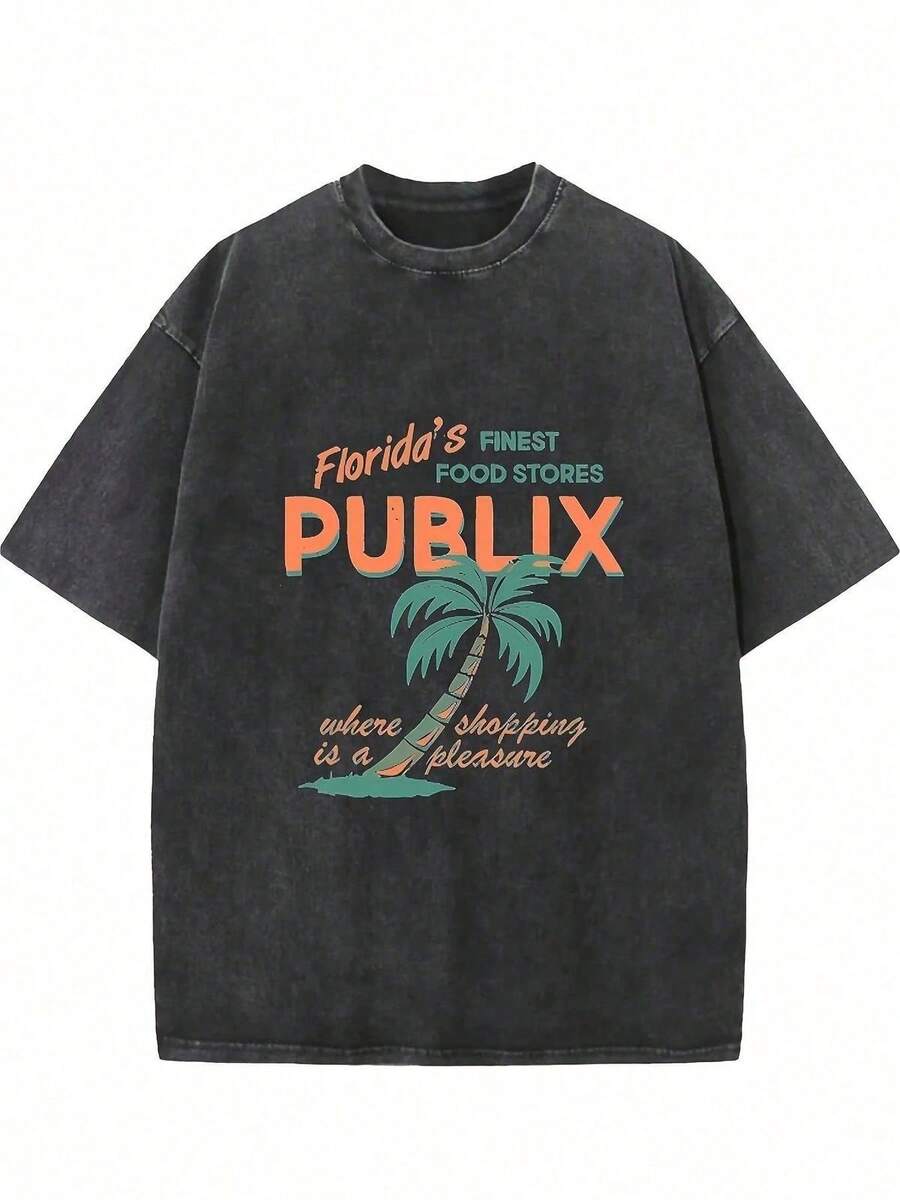 1 pieza Camiseta de manga corta de cuello redondo oversize unisex desgastada y lavada, 100% algodón pesado de 220g, diseñada por artistas Y2K estilo americano vintage, estampado gráfico de nombres de ciudades, ideal para uso diario, conciertos y festivales - Negro - Ver 1