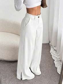 Unity Pantalones largos rectos y sueltos de mujer con abertura lateral, de tela de pana, para otoño/invierno - Blanco - Ver 12
