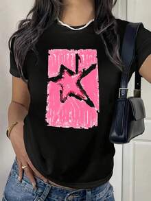 100% Cotton Retro Style T-Shirt, With Celebrity Graffiti, Hip-Hop, Punk, Urban Fashion, Harajuku Style, Suitable For Home, Casual Use, Elegant, Versatile, For Going To Work, Sports, Universal, Comfortable, Made Of Durable Pure Cotton, For Everyday Casual Use. - 黑色 - 查看 1