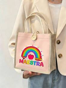 時尚女款手提包，彩虹圖案與「Maestra」印花 - 教師節或開學禮物的完美選擇。多功能購物袋、托特包、旅行盥洗包、便攜化妝包、沙灘包；適用於辦公室、學校、度假、聚會，也適合作為生日禮物、旅行紀念品、節日禮物、婚禮配件 - 彩色 - 查看 14