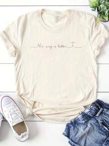 Camiseta de cuello redondo para mujer, de edición limitada, ligera y transpirable, de algodón, cómoda y suave, con un diseño de estampado cruzado, adecuada para el uso diario informal, diseñpor His Way Is Better. Algodón ligero - Albaricoque - Ver 12