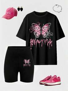 Conjunto de camiseta y pantalones cortos de ciclista con estampado gráfico de número 13 y eslogan, de moda casual para mujer - Multicolor 2 - Ver 3