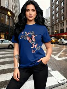 Soft, 100% Cotton T-Shirt With A Watercolor Butterfly Print. Stylish And Breathable, It's Perfect For Family Trips, Events, Casual Wear, Daily Commutes, And Matching Sister Outfits. This Versatile T-Shirt (Size 3744) Makes A Great Gift. Breathable Cotton, It Goes With Everything. - 藍色 - 查看 2