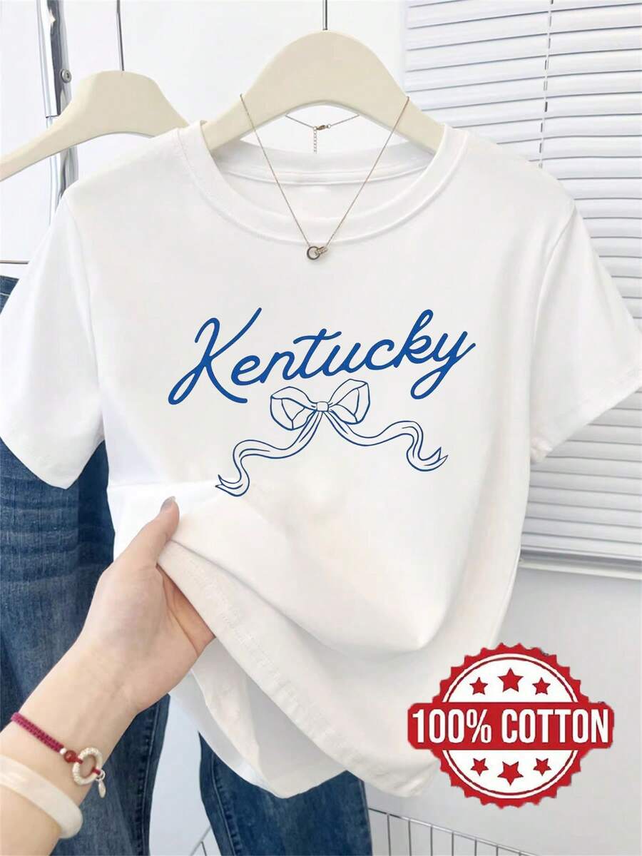 Women's T-Shirts TH442 New Women's T-Shirt, Blue Letter Print Design And Bow, Fashionable Casual T-Shirt, 100% Round Neck, Short Sleeve, Sweat Absorbent And Breathable, Casual Clothing, Comfortable, Elegant And Chic For Home, T-Shirt For Spring, Summer, Autumn. - 白色 - 查看 1