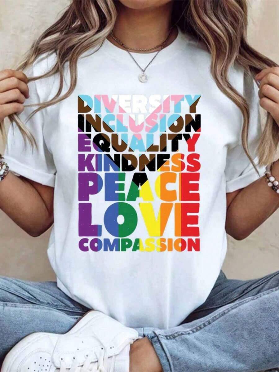Diversity Inclusion Equality Kindness Peace Love Compassion Pride Rainbow T-Shirt For Women And Men LGBTQ Plus Size Casual Wear For Pride Month, Festival Celebrations And Everyday Wear. - 白色 - 查看 1