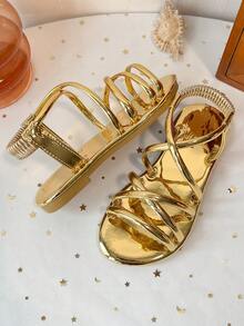 Giày sandal đế bằng quai ngang ánh kim cho trẻ em, quai ngang co giãn, hở mũi, giày casual mùa hè. - Vàng - Xem 5
