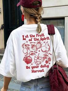 Camiseta Casual de Corte Holgado para Mujer con Estampado Gráfico de los Frutos del Espíritu, Transpirable y Cómoda, de Algodón Puro, Manga Corta, con Estampado de Versículo Bíblico Inspirador, Cuello Redondo, para Uso Diario Casual, Ropa de Verano, con Estampado de Línea Roja. - Blanco - Ver 1