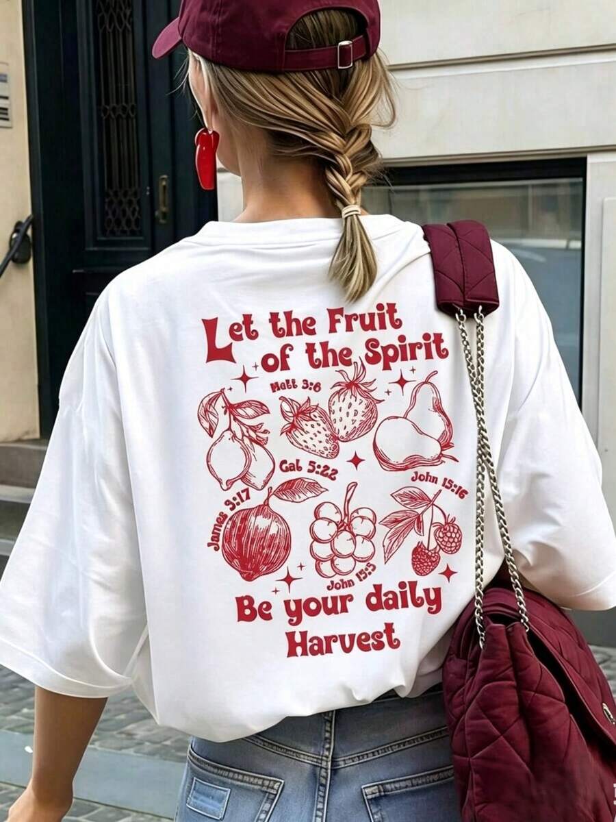 Camiseta Casual de Corte Holgado para Mujer con Estampado Gráfico de los Frutos del Espíritu, Transpirable y Cómoda, de Algodón Puro, Manga Corta, con Estampado de Versículo Bíblico Inspirador, Cuello Redondo, para Uso Diario Casual, Ropa de Verano, con Estampado de Línea Roja. - Blanco - Ver 1