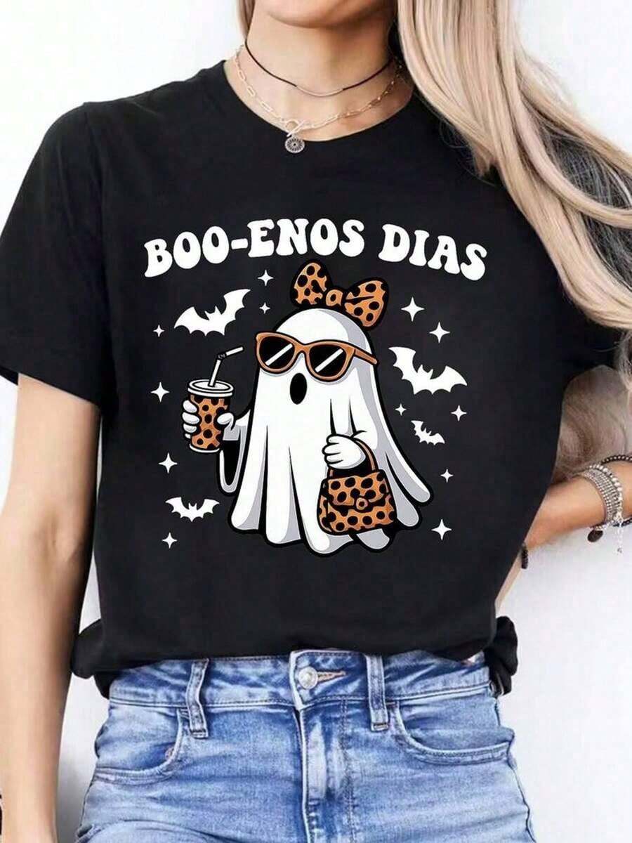 Y2K Women's Graphic T-Shirt For Halloween - Cute White T-Shirt With Cheetah Print, Bow And Handbag Design, BOO-ENOS DAYS Text, Stars And Bats - Casual Short Sleeve T-Shirt With Soft Crew Neck For Spooky Themed Outfits (Spring, Summer, Autumn) - Fun T-Shirt For Parties And Costumes - Unisex Loose Cotton Short Sleeve Crew Neck Urban Vintage Style T-Shirt. - 黑色 - 查看 1