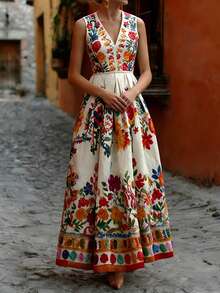 Spring/Summer New Women's Dress, Summer Vacation Outfit, Women's Apparel, Holiday Dress, White Base With Multicolor Floral Print, Sleeveless V-Neck Cinched Waist Flared Maxi Dress, Fashionable Summer Country Style, Elegant Palace Style, Daily/Beach/Vacation Bohemian Dress, Versatile - Multicolor - View 6