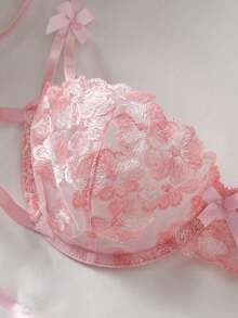 2件組女款粉色花卉刺繡透視網紗綁帶內衣套裝 - 粉色 - 查看 4