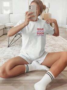 [Double-Sided Print] More Amorpor Favor Heart Letter Print Short-Sleeve Cotton T-Shirt - Unisex Vintage Urban Style, Loose Fit Short-Sleeve Cotton T-Shirt With Round Neck - 白色 - 查看 2