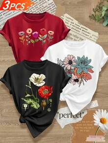 Camisetas de manga corta con cuello redondo y estampado floral para mujer - Blusa casual para conjuntos de primavera y verano, ropa casual cómoda y lavable a máquina, piezas versátiles para combinar. Camiseta holgada, casual y versátil. Una sola pieza, no un conjunto de 3 piezas. - Blanco - Ver 1