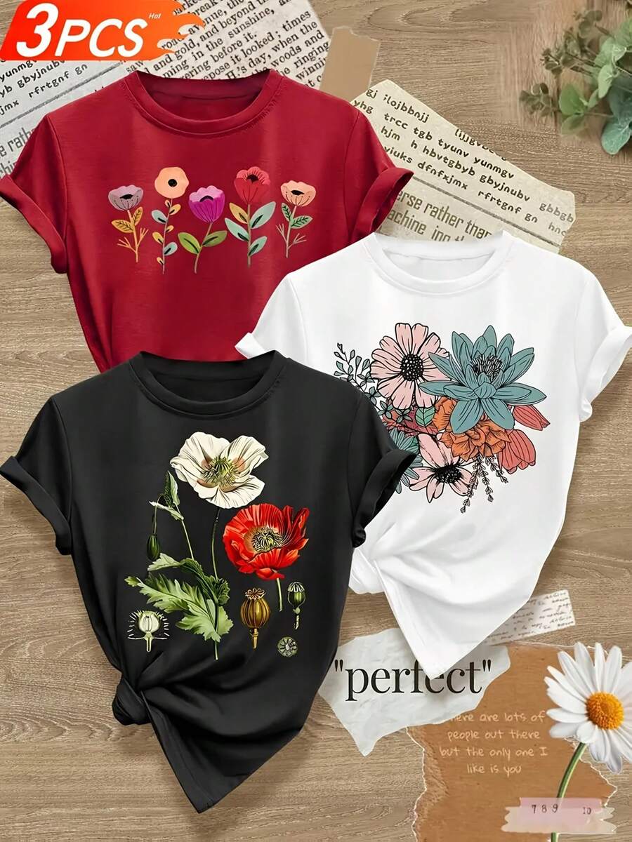 Camisetas de manga corta con cuello redondo y estampado floral para mujer - Blusa casual para conjuntos de primavera y verano, ropa casual cómoda y lavable a máquina, piezas versátiles para combinar. Camiseta holgada, casual y versátil. Una sola pieza, no un conjunto de 3 piezas. - Blanco - Ver 1