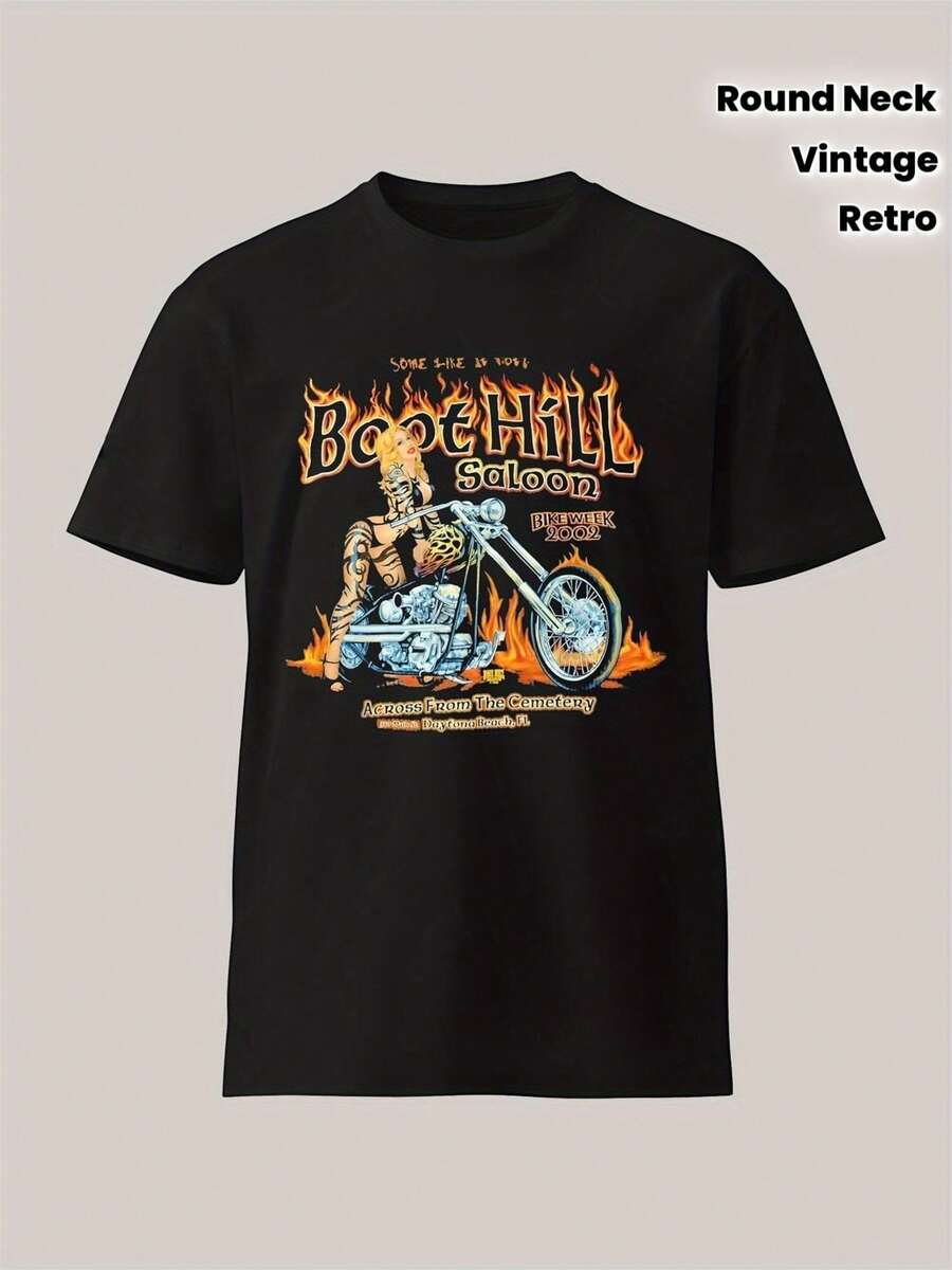 Boot Hill Saloon Skeleton Chopper Flames Vintage Biker Crew Neck T-Shirt, Suitable For Motorcycle Enthusiasts And Rockabilly Fans. Comfortable, Retro Motorcycle Clothing, A Great Gift (Unisex). A Short-Sleeved T-Shirt Suitable For Home, Everyday Wear, Parties, And Travel, Perfect As A Gift For Friends Or Family. - 黑色 - 查看 1