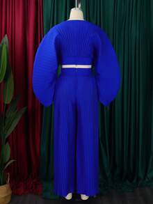 Conjunto de dos piezas primavera con top plisado de solapa y pantalones de pierna ancha - azul real - Ver 3