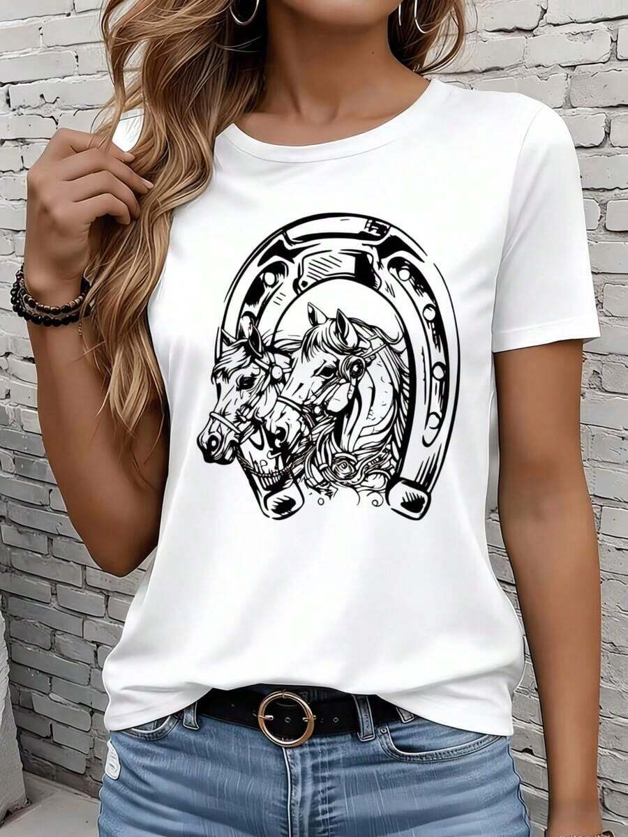 Camisetas de manga corta para mujer en blanco y negro son adecuadas para el ocio diario, el hogar y los viajes al aire libre. Camiseta blanca con diseño de caballo y herradura para mujer, camiseta gráfica de moda casual, ideal como regalo para fiestas o vacaciones. - Blanco - Ver 1