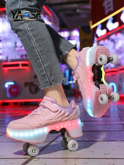 Fashionable Children & Teens' Cool Roller Skates, LED Colorful Glowing , Luminous Ice Skating Shoes, 2-In-1 Design For Walking & Skating, Boys & Girls Outdoor Sports Shoes, Street Fashion Roller Skates, Upgraded Stable Version For Boys & Girls, Outdoor Street Cool Roller Skates, Detachable Glowing Shoes Suitable For Outdoor Sports, All Seasons