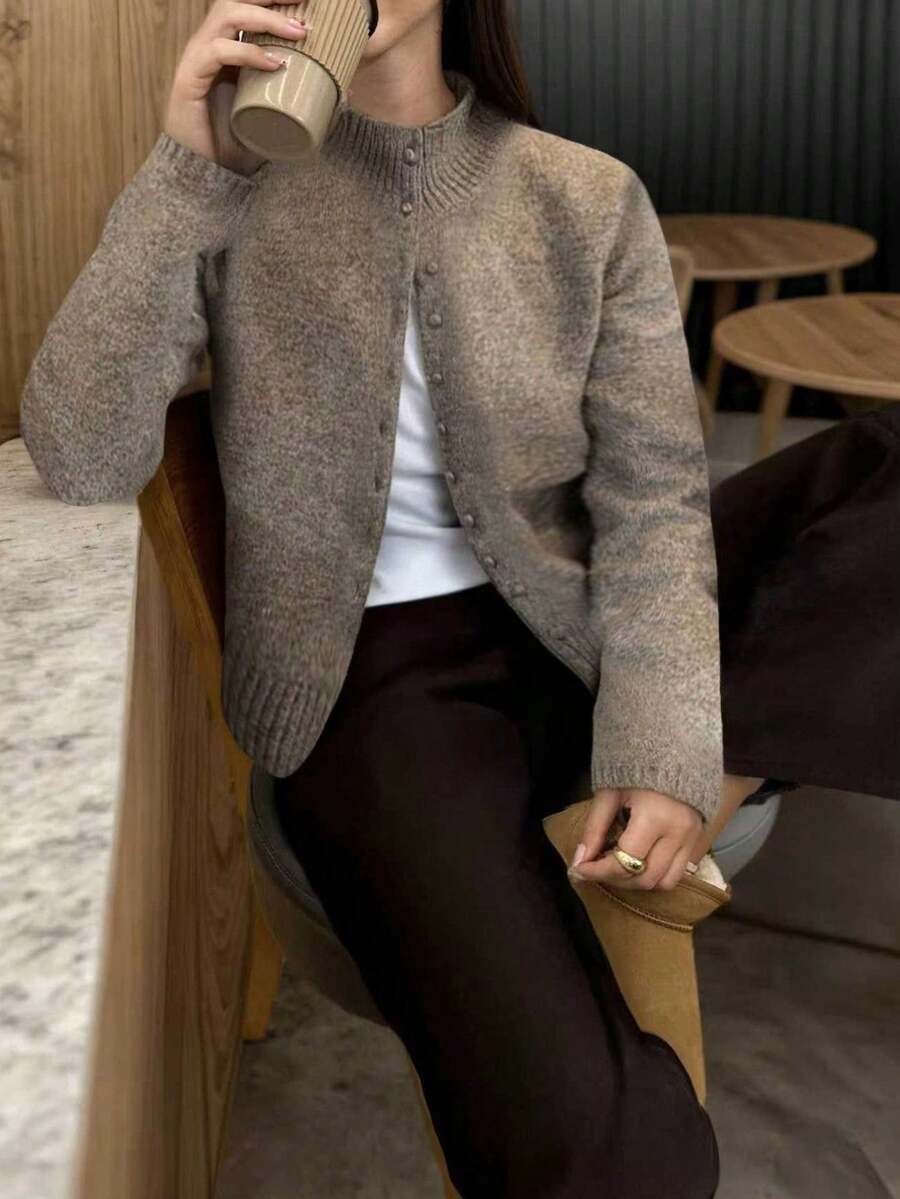 Cárdigan de punto de mujer para primavera/otoño, estilo minimalista casual, cuello redondo con detalle acanalado, de un solo botonadura, de tela gruesa ajustada y abierta, blusa elegante de dama, suéter de dama para Año Nuevo - Marrón - Ver 1