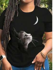 [Local Delivery] Women's T-Shirt. Short-Sleeved, Round-Neck T-Shirt, Loose-Fitting, Casual, And Versatile. Featuring A Modern, Elegant, And Sophisticated Simple Letter Print, Ideal As A Basic Garment; Made Of Soft Fabric With Excellent Drape. - 黑色 - 查看 3