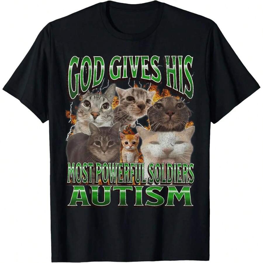 T-Shirt With A Cat Design And The Phrase "Autism To Its Soldiers," Short-Sleeved And Black. Meme-Style Print, Soft And Breathable Fabric, And Stylish For Young People. Ideal For Cat Lovers, Casual Events, And Gifts. Available In Sizes S To 3XL - 黑色 - 查看 1