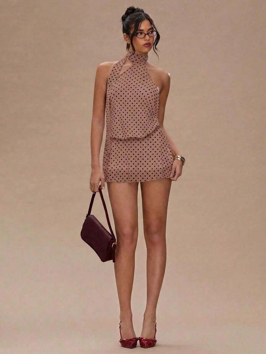 Vestido mini con cuello halter y espalda descubierta con estampado de lunares, para el verano - Marrón - Ver 1