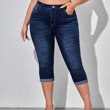 Lady Plus Roll Hem Skinny Capri Jeans - Azul lavado oscuro - Ver 2