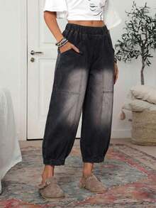 Pantalones vaqueros casuales de mujer con cintura con cordón y lavado vintage, pantalones casuales de mujer, pantalones de verano de mujer con cintura elástica, pantalones de mujer con bolsillos, pantalones caqui de mujer - Negro 2 - Ver 6