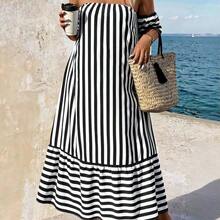 Holidaya Plus Size Summer Casual Striped Off-Shoulder Ruffle Hem Dress - Blanco y Negro - Ver 5