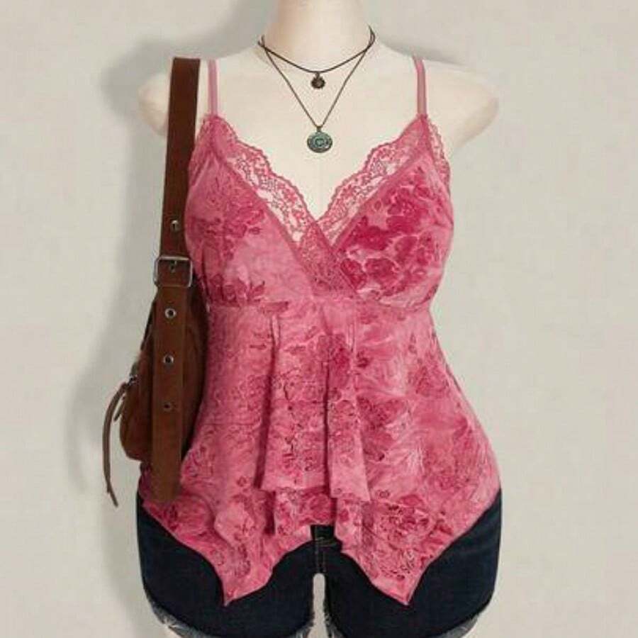 ICON Plus Size Hippie Women Lace Contrast Allover Print Asymmetric Hem Camisole Top, Suitable For Festival, Summer Vacation, Graduation And Back To School - Rosa - Ver 1