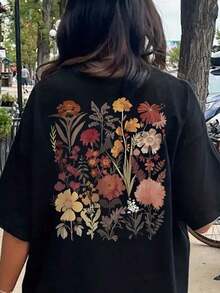 Camiseta de talla grande con estampado floral de verano - Negro 2 - Ver 4