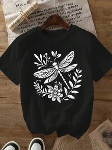 Plus Size, Plus Size Graphic Print T-shirt, Short Sleeve Crew Neck Casual Top for Summer & Spring, Women's Plus Size Clothing - Negro - Ver 2