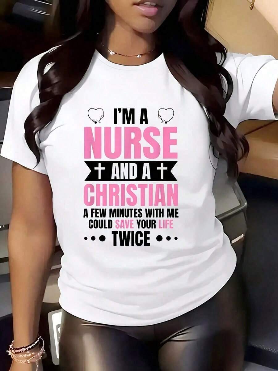 Camiseta de Cuello Redondo para Mujer 2026 con Estampado Gráfico 'Soy Enfermera y Cristiana, Unos Minutos Conmigo Podrían Salvarte la Vida Dos Veces'. Regalo de Fe Cristiana para Enfermeras. Camiseta de Algodón Casual para el Trabajo o Uso Diario. - Blanco - Ver 1