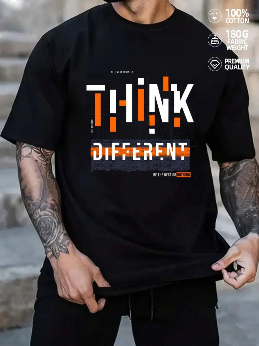 Camiseta de hombre con diseño motivacional "para ser diferente" - Negra con letras naranjas - Camiseta suave casual para el día a día - Top de streetwear lavable a máquina para oficina, salidas, regalos - Camiseta de manga corta de corte regular, ropa de fin de semana - Negro - Ver 1