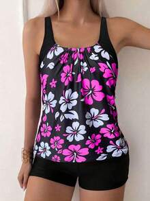 Floral Print Spaghetti Strap Backless Tankini Swimsuit Set, Casual Sexy Beach Outfit, Medium Stretch Vacation Black Summer - Black and White - View 5