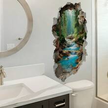 1 pieza Pegatina de pared 2D con diseño de pared rota, bosque y arroyo, diseño de agujero 3D, decoración de pared de fondo para baño - Multicolor - Ver 4