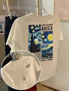 Y2K Style,  Style, The Newest Of 2026, Cute Style, Casual Style. Women's Casual T-Shirt, A Tribute To Van Gogh's Masterpiece "The Starry Night" And The 1853 Number Pattern, Comfortable And Versatile For Spring/Summer, With A Round Neck And Short Sleeves, Stylishly Printed. 180g (S-XXXL) - 杏 - 查看 9