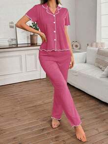 Mono de verano de punto ligero y suelto con volantes, de tela roja, de estilo casual y holgado para mujer - Rosa Fucsia - Ver 4