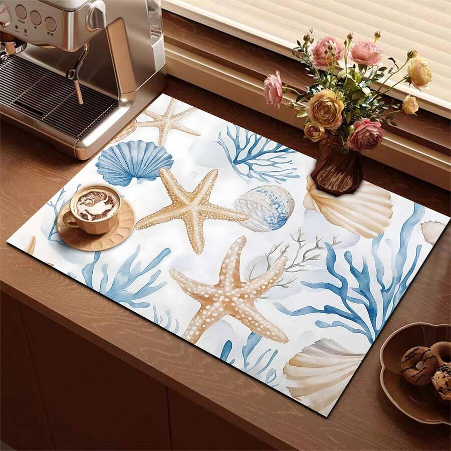 1 buah Alas Kopi Motif Bintang Laut Biru & Putih, Alas Kompor, Alas Pengering, Alas Pengering Silikon untuk Mesin Kopi, Alas Pengering Karet, Alas Pengering Piring Super Menyerap dan Tahan Aus, Untuk Meja Dapur, Restoran, Dapur, Dekorasi Meja Teras, Perlengkapan Dapur Rumah Tangga, Alas Dekoratif Meja Dapur