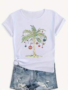 Camiseta de algodón de manga corta para mujer, camiseta navideña con estampado de palmeras, roja, holgada, informal, de verano, top festivo para las fiestas. - Blanco - Ver 6